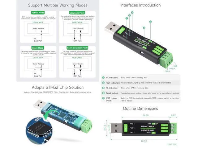 Alt view image 6 of 7 - USB to CAN Adapter Model A, STM32 Chip Solution, Multiple Working Modes, Multi-System Compatible