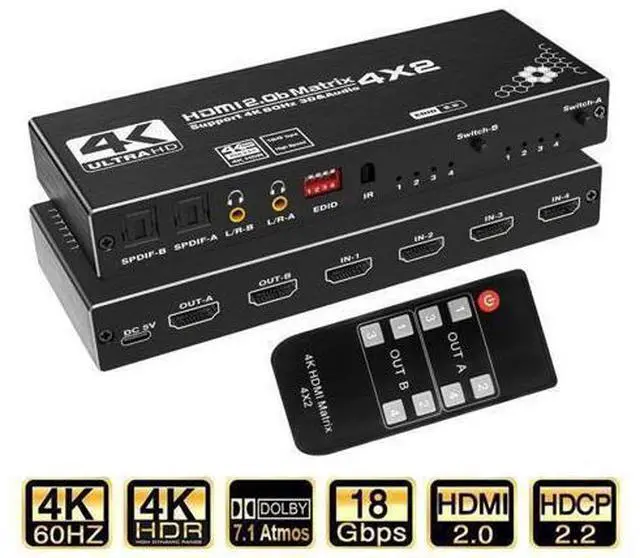 Main image of 4K 4 in 2 Out HDMI Matrix Switch, 4X2 HDMI Switcher with Audio Extractor UltraHD Supports Up to 4K @ 60Hz IR EDID HDCP 2.2 HDR10,2xSPDIF Audio, 2x3.5mm L/R Audio - Remote Control (OZJ1)