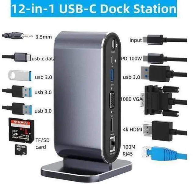 Main image of Vertical Laptop Docking Station, 12 in 1 USB C HUB with 4K HDMI, VGA,100W PD, SD/TF, Ethernet, 4 USB3.0, USB-C Data Multiple Adapter Dongle Compatible with MacBook Laptops Notebooks