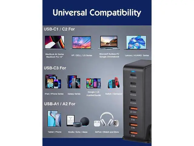 Alt view image 7 of 7 - 8 Port USB C Charger 240W QC3.0 PD3.0 GaN Charger Type C Adapter with Fast Desk Charger Compatible for iPhone, MacBook Pro, iPad Pro, Switch, Galaxy S22/S21