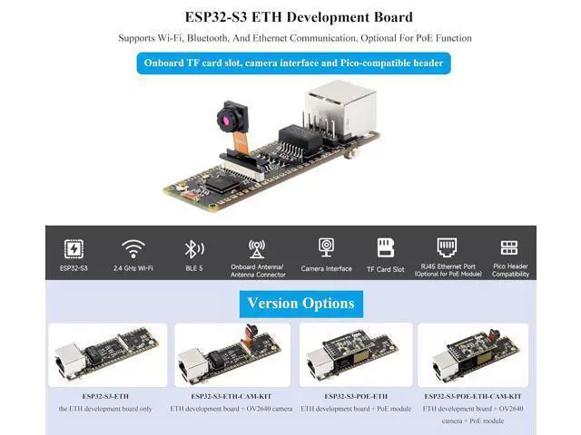 Alt view image 3 of 7 - ESP32-S3 Ethernet Development Board, 10/100Mbps RJ45 Ethernet Port, 240MHz Dual Core Processor, Onboard Type-C Port & TF Card Slot, Support Wi-Fi & BLE & ETH Communication, with OV2640 Camera