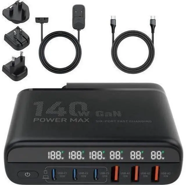 Main image of 140W USB Type C Charging Station Hub, 6 Port USB Desk Charger, 140 Watt GaN Fast Charger with Charger Power Strip Replaceable Plug Compatible for All Phones and Tablets