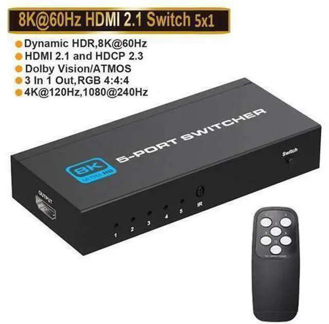 Main image of 8K@60Hz HDMI Switch 5 in 1 Out w/IR Remote Control 5 Port Switcher Selector Box for Xbox Nintendo PS5 PS4 TV Fire Stick Supports Ultra HD Dolby Vision 48Gbps HDR10 HDCP 2.3 & 3D - OZ8Q5