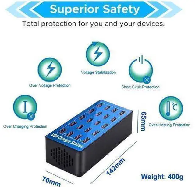 Main image of USB Charging Station, 20 USB Fast Ports Charge Docking Station, Multi Device Charger Organizer Compatible with iPad, iPhone, Tablet and Cell Phone - Blue