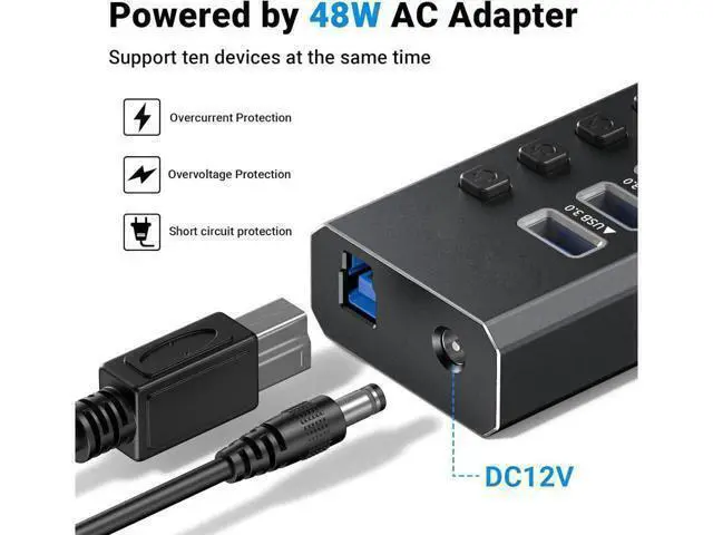 Alt view image 6 of 7 - XJYLCPC 10-Port Powered USB 3.0 Hub 48W with 10 USB 3.0 Data Ports with 4 Smart Charging, Aluminum USB Splitter with Individual On/Off Switches for Laptop, Mac, PC, HDD, Mulitple Devices