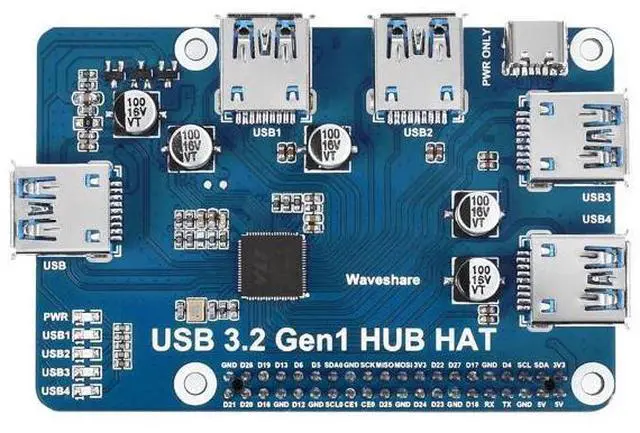 Main image of USB 3.2 Gen1 HUB HAT, Compatible with Raspberry Pi 5/4B/3B/Zero/Zero W/Zero 2W/Pico/Pico W/Pico WH, 4X USB 3.2 Gen1 Ports, No Driver Required