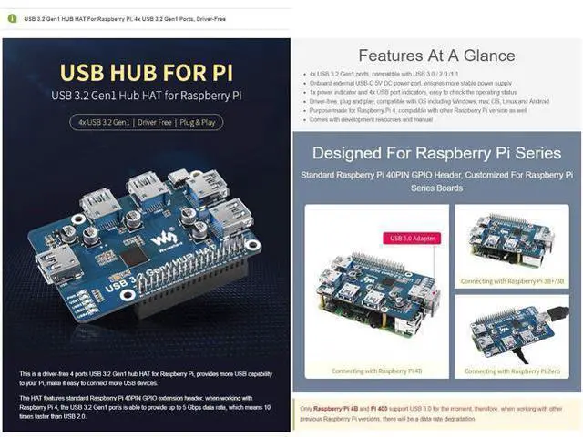 Alt view image 3 of 5 - USB 3.2 Gen1 HUB HAT, Compatible with Raspberry Pi 5/4B/3B/Zero/Zero W/Zero 2W/Pico/Pico W/Pico WH, 4X USB 3.2 Gen1 Ports, No Driver Required