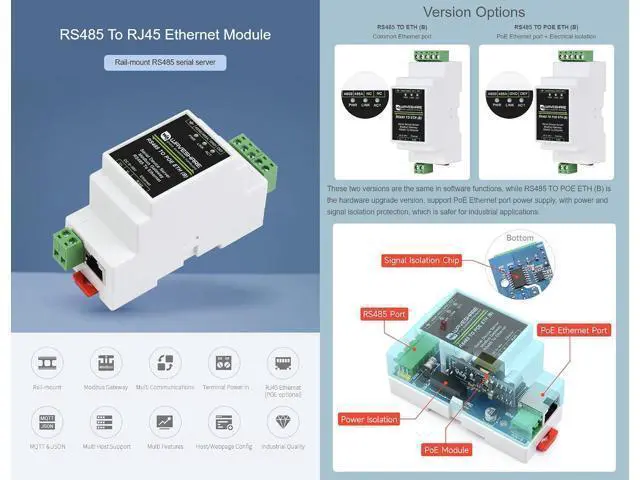 Alt view image 2 of 7 - Industrial Serial Server RS485 to RJ45 Ethernet TCP/IP to Serial Module Support Rail-Mount Modbus Gateway