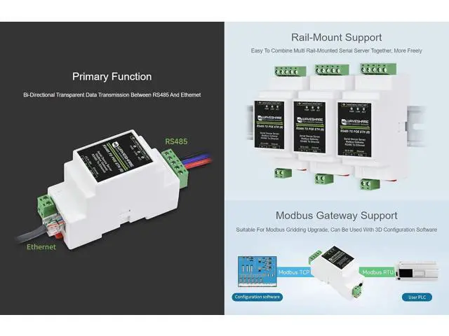 Alt view image 4 of 7 - Industrial Serial Server RS485 to RJ45 Ethernet TCP/IP to Serial Module Support Rail-Mount Modbus Gateway