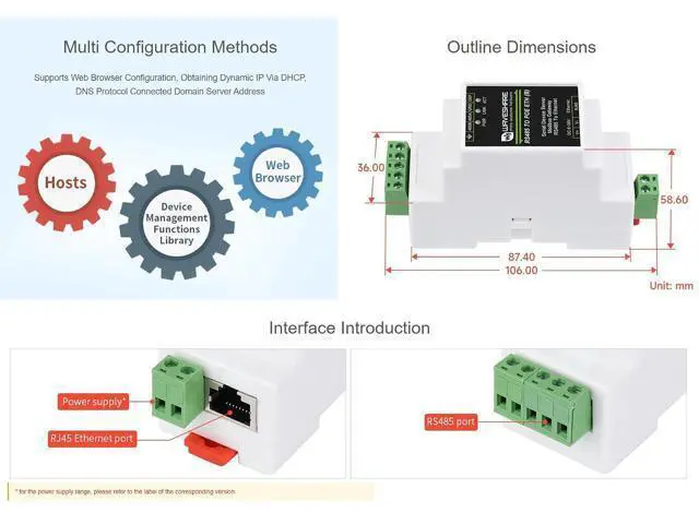 Alt view image 7 of 7 - Industrial Serial Server RS485 to RJ45 Ethernet TCP/IP to Serial Module Support Rail-Mount Modbus Gateway