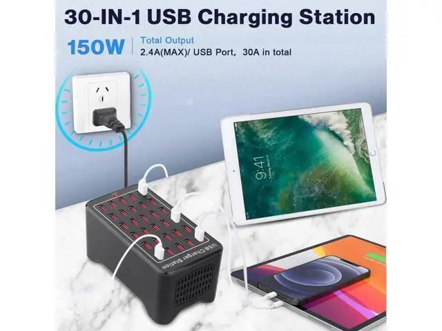Alt view image 2 of 6 - USB Charging Station, 30 USB Fast Ports Charge Docking Station, Multi Device Charger Organizer Compatible with iPad, iPhone, Tablet and Cell Phone - Black