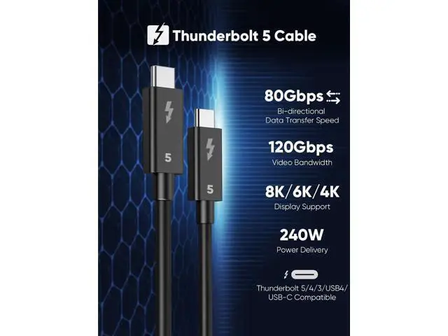 Alt view image 2 of 6 - Thunderbolt 5 Cable, Supports 8K Display/ 80Gbps Data Transfer/ 120Gbps Bandwidth Boost/ 240W Fast Charging, Compatible with Thunderbolt 4, USB4, Thunderbolt 3 and USB-C, Black, 3.3FT