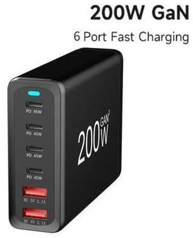 Main image of 6-Port USB C Charger 200W QC3.0 PD3.0 GaN Charger Type C Adapter with Fast Desk Charger Compatible for iPhone, MacBook Pro, iPad Pro, Switch, Galaxy S22/S21