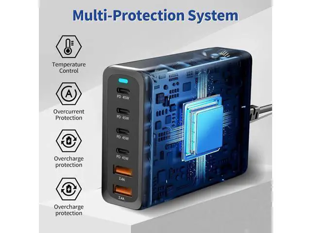 Alt view image 5 of 7 - 6-Port USB C Charger 200W QC3.0 PD3.0 GaN Charger Type C Adapter with Fast Desk Charger Compatible for iPhone, MacBook Pro, iPad Pro, Switch, Galaxy S22/S21