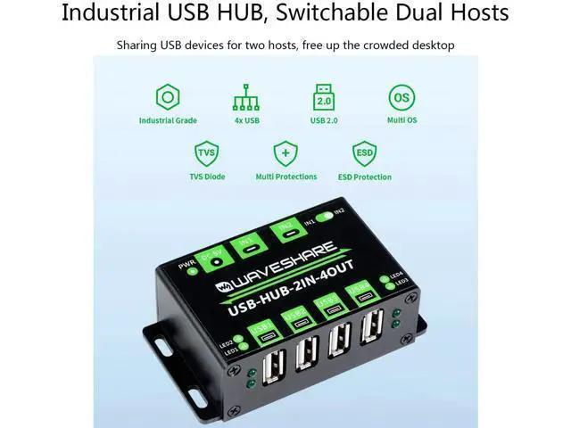 Alt view image 2 of 7 - Industrial Grade USB HUB with 4X USB 2.0 Ports, Switchable Dual Hosts, Support Multi System Multi Protections ESD Protection TVS Diode Compatible with Linux, Windows 11/10 / 8.1/8 / 7 / XP