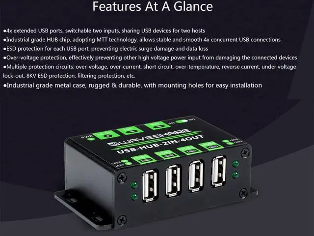 Alt view image 4 of 7 - Industrial Grade USB HUB with 4X USB 2.0 Ports, Switchable Dual Hosts, Support Multi System Multi Protections ESD Protection TVS Diode Compatible with Linux, Windows 11/10 / 8.1/8 / 7 / XP