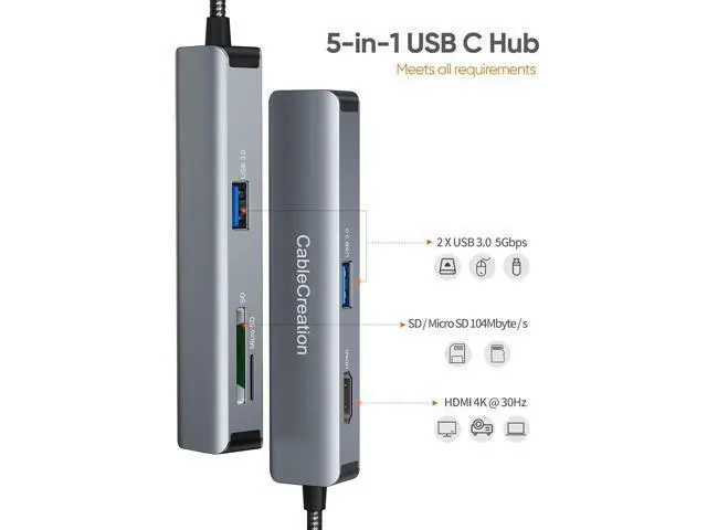 Alt view image 2 of 7 - USB C Hub, 5-in-1 Multiport iPad Pro Adapter with HDMI 4K, 2 USB 3.0, SD/Micro SD Card Reader for MacBook Pro/Air, iPad Pro, Surface Pro, XPS, and More