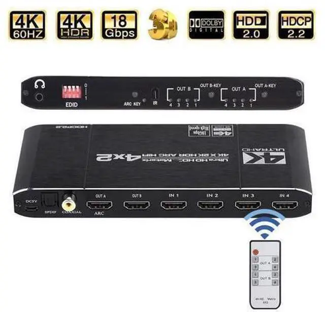 Main image of HDMI Matrix Switch 4x2 4K@60Hz 4:4:4 HDR ARC/SPDIF 5.1CH, Coaxial, 3.5mm Stereo Audio, HDCP 2.2 18Gbps, Matrix Splitter 4 in 2 Out with EDID Extractor and Remote Control