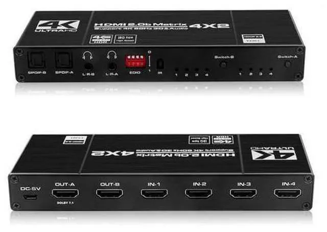 Main image of HDMI Matrix 4x2, 4K HDMI Matrix Switch 4 in 2 Out Switcher Splitter Box with 2xSPDIF Audio 2x3.5mm L/R Audio and IR Remote Control Support Ultra 4Kx2K@60Hz HDR10 3D 1080PHDMI2.0b HDCP2.2