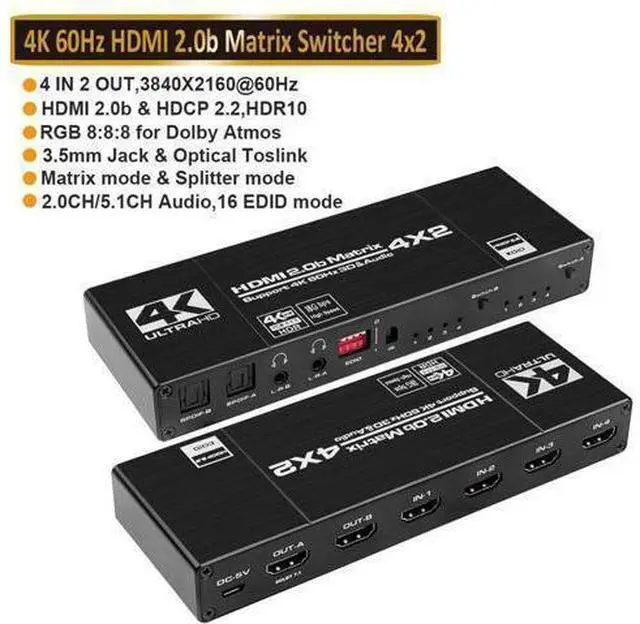 Main image of 4x2 HDMI Matrix Switch 4K - 4K 60Hz RGB 8:8:8(Dolby ATMOS), 18Gbps, HDR10, Control via Remote, 2xSPDIF Audio, 2x3.5mm L/R Audio Audio Extractor, 4 in 2 Out Video Matrix Switch (OZJ1-1)