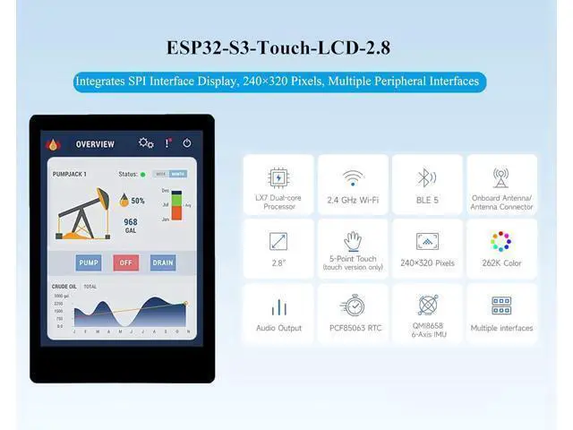 Alt view image 3 of 7 - ESP32-S3 2.8inch Display Development Board, 240×320, IPS Screen, 32-bit LX7 Dual-Core Processor, Up to 240MHz Frequency, Supports WiFi & Bluetooth, with Onboard Antenna, ESP32 with Display (No Touch)