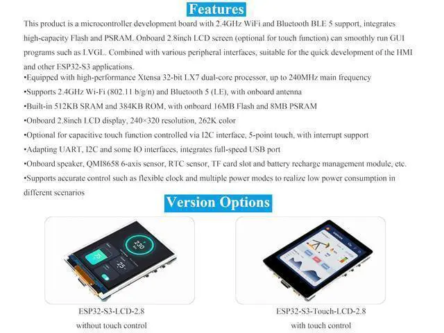 Alt view image 4 of 7 - ESP32-S3 2.8inch Display Development Board, 240×320, IPS Screen, 32-bit LX7 Dual-Core Processor, Up to 240MHz Frequency, Supports WiFi & Bluetooth, with Onboard Antenna, ESP32 with Display (No Touch)