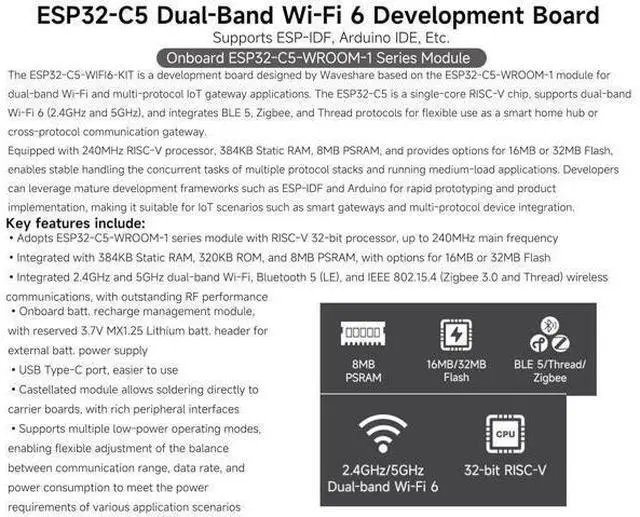 Alt view image 2 of 7 - ESP32-C5 WiFi6 Dev Board 5GHz/2.4GHz Dual-Band, ESP32-C5-WROOM-1U Module, 240MHz RISC-V, 32MB Flash+8MB PSRAM, WiFi/BLE 5/ Zigbee/Thread Wireless, with External Antenna, Pre-soldered Header