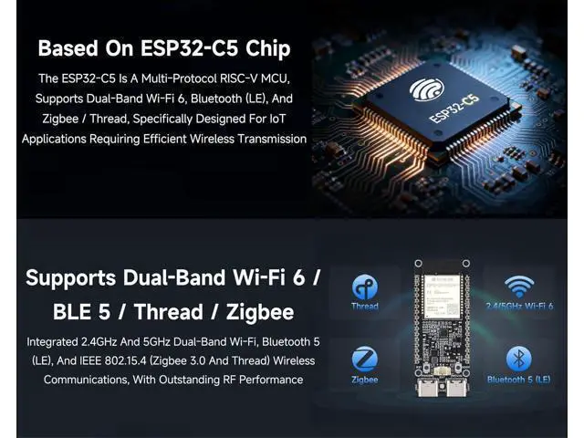 Alt view image 3 of 7 - ESP32-C5 WiFi6 Dev Board 5GHz/2.4GHz Dual-Band, ESP32-C5-WROOM-1U Module, 240MHz RISC-V, 32MB Flash+8MB PSRAM, WiFi/BLE 5/ Zigbee/Thread Wireless, with External Antenna, Pre-soldered Header