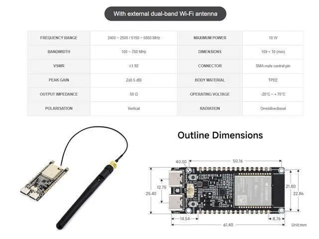 Alt view image 6 of 7 - ESP32-C5 WiFi6 Dev Board 5GHz/2.4GHz Dual-Band, ESP32-C5-WROOM-1U Module, 240MHz RISC-V, 32MB Flash+8MB PSRAM, WiFi/BLE 5/ Zigbee/Thread Wireless, with External Antenna, Pre-soldered Header