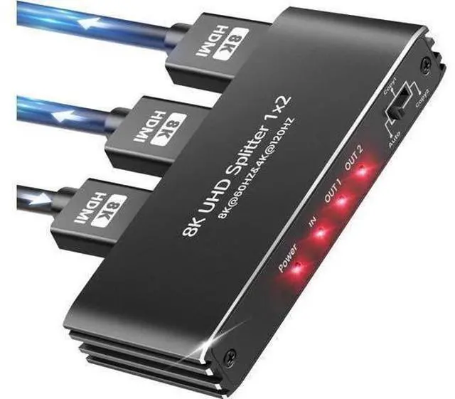 Main image of 4K 120Hz 1 in 2 Out HDMI Splitter -ESTONE Ultra HD 8K @ 60 Hz 1x2 V. 2.1 HDCP 2.3, Power HDMI Supports 8K 3D Full HD 1080P EDID for Xbox, PS4 PS3 Blu Ray TV HDTV - Adapter Included