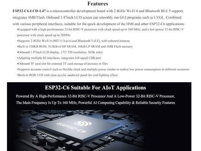 Alt view image 2 of 7 - ESP32-C6 1.47inch Display Development Board,172x320, 262K Color, 160MHz Running Frequency Single-core Processor, Support W-iF-i & BLE, with Colorful RGB LED, with Pre-soldered Header