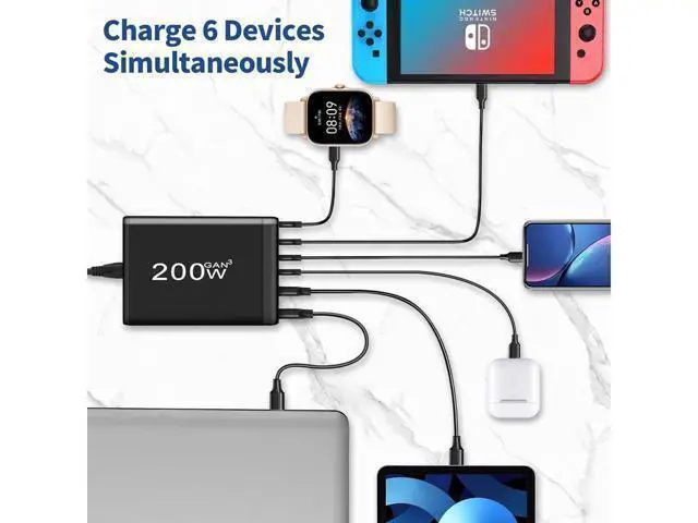 Alt view image 2 of 7 - 6-Port USB C Charging Station, Charger GaN 200W, QC3.0 PD3.0 Fast Compact Desk Charger for MacBook Pro/Air, Dell XPS,iPhone 15 Pro,ipad pro,Galaxy S23,Pixel 7
