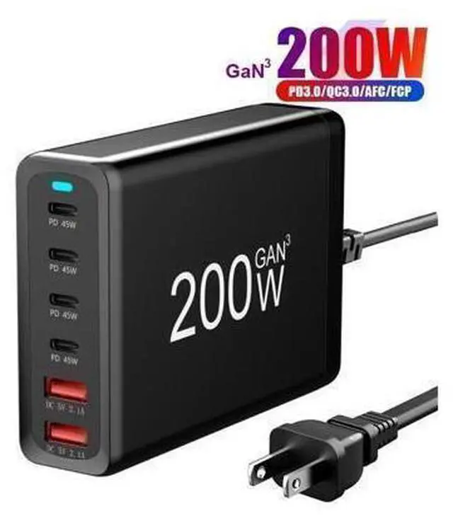 Main image of GaN 200W Fast Charger 6-Port USB A/C Charger QC3.0 PD3.0 Quick Charge for MacBook Pro/Air, Dell XPS,iPhone 15 Pro Cell Phone Charger Desk Charger Adapter