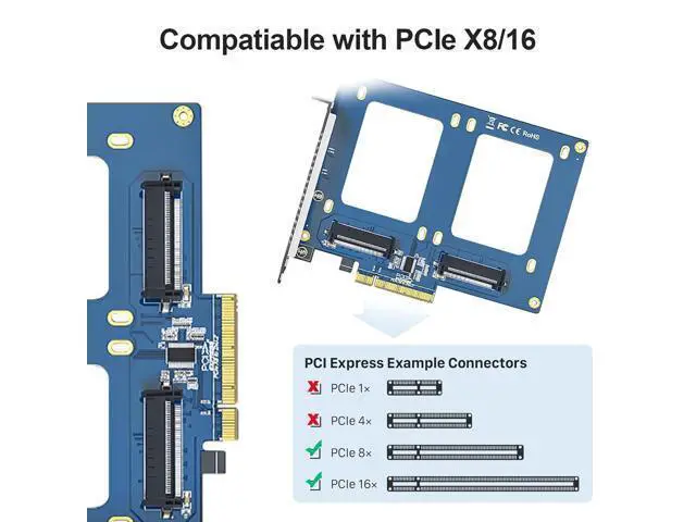 Alt view image 2 of 6 - PCIe 3.0 x8 to Dual U.2 NVMe SSD Adapter Card, 2-Port SFF-8639 for 2.5" U.2 SSD, Non-RAID Bifurcation Required, Windows/Linux/VMware Compatible, Only Full-Height Bracket