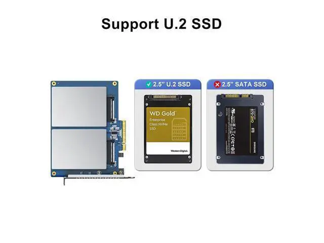 Alt view image 4 of 6 - PCIe 3.0 x8 to Dual U.2 NVMe SSD Adapter Card, 2-Port SFF-8639 for 2.5" U.2 SSD, Non-RAID Bifurcation Required, Windows/Linux/VMware Compatible, Only Full-Height Bracket