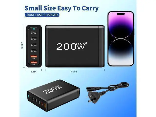 Alt view image 3 of 7 - GaN 200W Fast Charger 6-Port USB A/C Charger QC3.0 PD3.0 Quick Charge for MacBook Pro/Air, Dell XPS,iPhone 15 Pro Cell Phone Charger Desk Charger Adapter