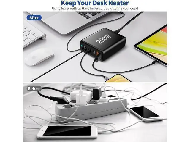 Alt view image 7 of 7 - GaN 200W Fast Charger 6-Port USB A/C Charger QC3.0 PD3.0 Quick Charge for MacBook Pro/Air, Dell XPS,iPhone 15 Pro Cell Phone Charger Desk Charger Adapter
