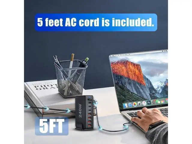 Alt view image 6 of 7 - GaN 240W Fast Charger 8 Port USB A/C Charger QC3.0 PD3.0 Quick Charge for MacBook Pro/Air, Dell XPS,iPhone 15 Pro Cell Phone Charger Desk Charger Adapter