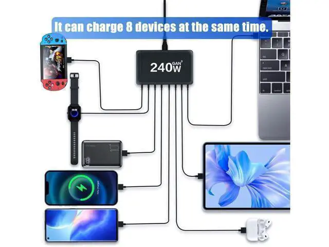 Alt view image 3 of 7 - 8 Port USB C Charging Station, Charger GaN 240W, QC3.0 Fast Compact Desk Charger for MacBook Pro/Air, Dell XPS,iPhone 15 Pro,ipad pro,Galaxy S23,Pixel 7