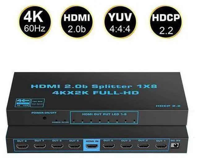Main image of HDMI Splitter 4K 60Hz 1X8 Multi-Resolution Output, HDMI 2.0 Splitter Supports HDR HDR10 / Dolby Vision 4K@60Hz 4:4:4 HDCP2.2 for Xbox PS5/4 Roku Blu-Ray Player Apple TV