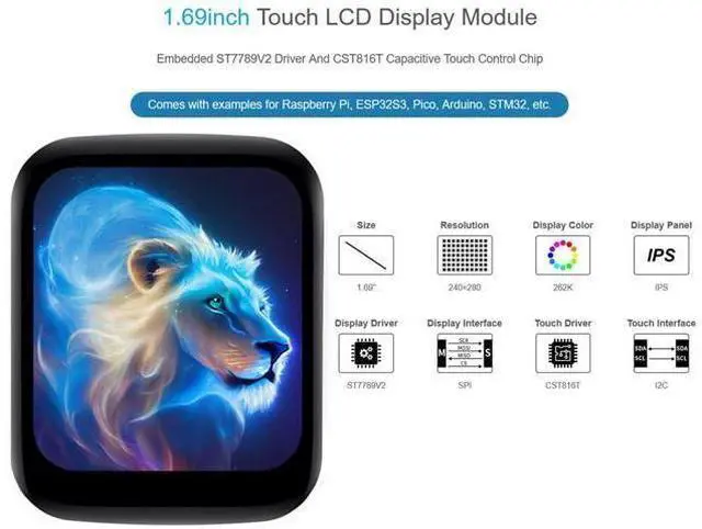 Alt view image 2 of 7 - 1.69inch Touch Round LCD Display Module 240×280 Resolution, IPS Screen 262K Display Color SPI and I2C Communication for Raspberry Pi/Raspberry Pi Pico/ESP32S3/Arduino/STM32