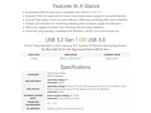 Alt view image 4 of 7 - 4-Ch USB 3.2 Gen1 HUB, Compatible with Windows, macOS, Linux and Android, Metal Case with Wall-Mount Support, Driver-Free, Plug-and-Play