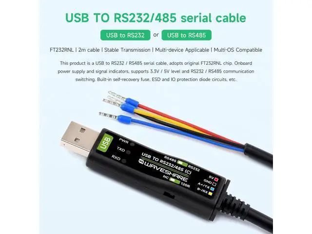 Alt view image 3 of 7 - Wavesahre USB to RS232/485 Serial Cable, Original FT232RNL Chip, Compatible with Mac, Linux, Android, Win11/10/8.1/8/7, Onboard Power and Signal Indicators, Multi-OS Compatible & Device Applicable