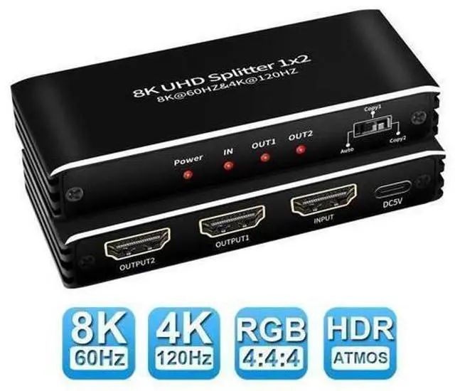 Main image of 4K120Hz HDMI Splitter 1in2 Out,ESTONE 1x2 Power HDMI Splitter 2 Ports w/AC Adapter, 8Kx2K@30Hz 3D Full HD Distributor for Xbox PS5 Blu-Ray Player, HDTV Support 48Gbps, HDCP 2.3 RGB 4:4:4