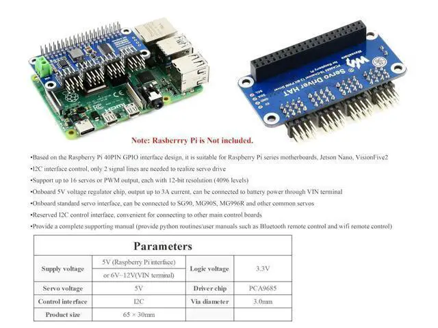 Alt view image 7 of 7 - Servo Driver HAT Compatible with Raspberry Pi 5/4/3B+/3B/Zero/Zero W/Zero 2W and Jetson Nano,16-Channel 12-Bit I2C, Suitable for Robotic Arms or Hexapods Robots Driving Servos, Bent PinHeader