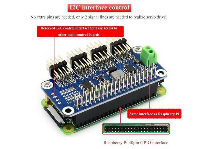 Alt view image 4 of 7 - Servo Driver HAT Compatible with Raspberry Pi 5/4/3B+/3B/Zero/Zero W/Zero 2W and Jetson Nano,16-Channel 12-Bit I2C, Suitable for Robotic Arms or Hexapods Robots Driving Servos, Bent PinHeader