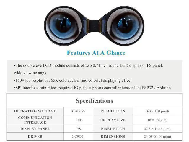 Alt view image 4 of 7 - 0.71inch Double Eye Round LCD Display Module Compatible with Raspberry Pi Pico/Pico W, ESP32 / Arduino, 160x160 Resolution, IPS Panel, 65K Colors, SPI Interface