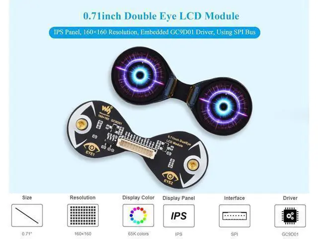 Alt view image 3 of 7 - 0.71inch Double Eye Round LCD Display Module Compatible with Raspberry Pi Pico/Pico W, ESP32 / Arduino, 160x160 Resolution, IPS Panel, 65K Colors, SPI Interface