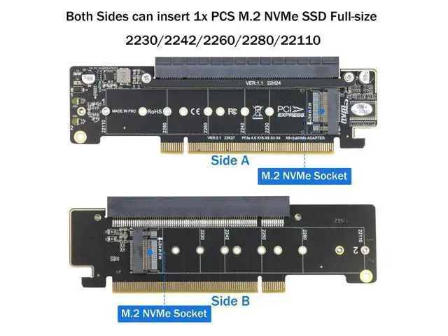 Alt view image 2 of 7 - Dual NVMe PCIe Adapter, PCIe 4.0 X16 to Dual NVMe and 1x More PCIe x16 (x8 Signal) Adapter for 22110/2280/2260/2242/2230 M.2 NVMe SSD (PCI-e Bifurcation Required)