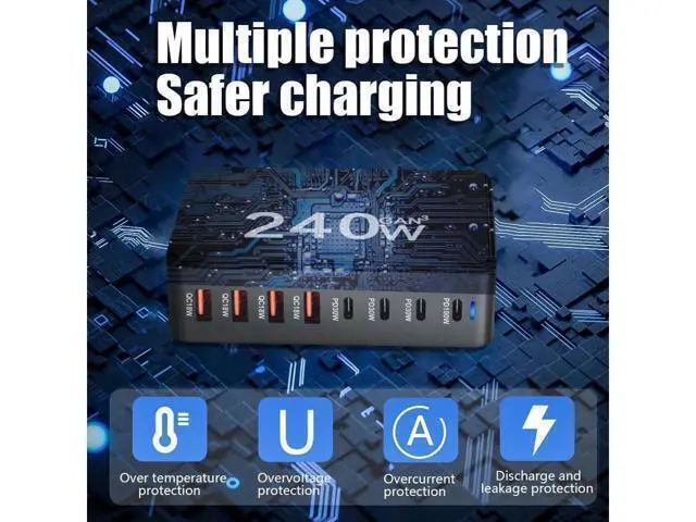 Alt view image 4 of 7 - GaN 240W Fast Charger 8 Port USB A/C Charger QC3.0 PD3.0 Quick Charge for MacBook Pro/Air, Dell XPS,iPhone 15 Pro Cell Phone Charger Desk Charger Adapter